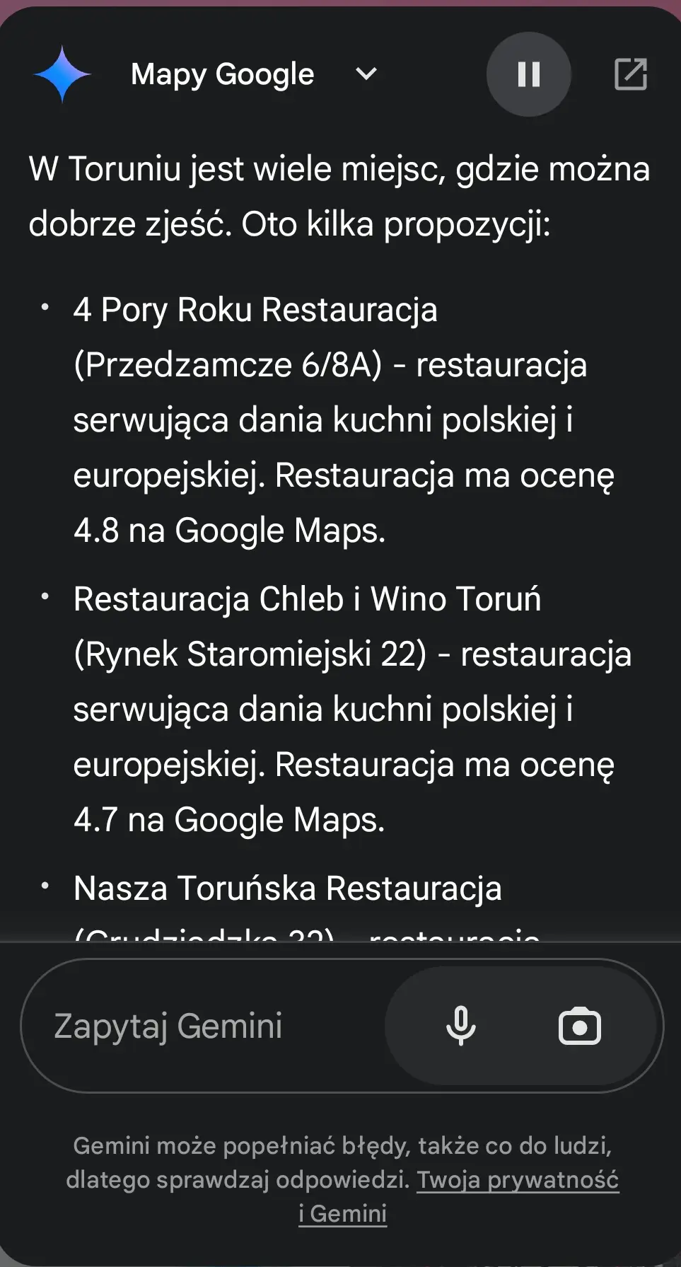 Wynik z Google Gemini, dotyczący restauracji w Toruniu