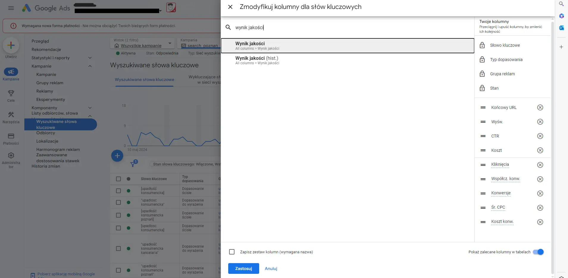 Zmodyfikuj kolumny dla słów kluczowych