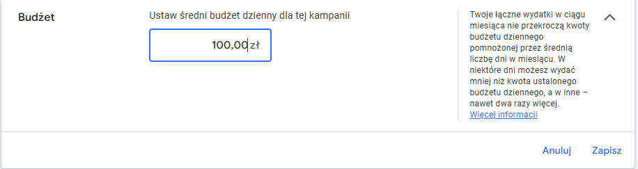 średni dzienny budżet kampanii google ads