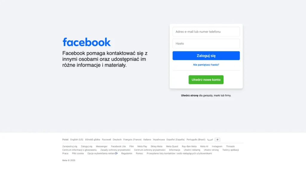 ekran logowania na facebooku
