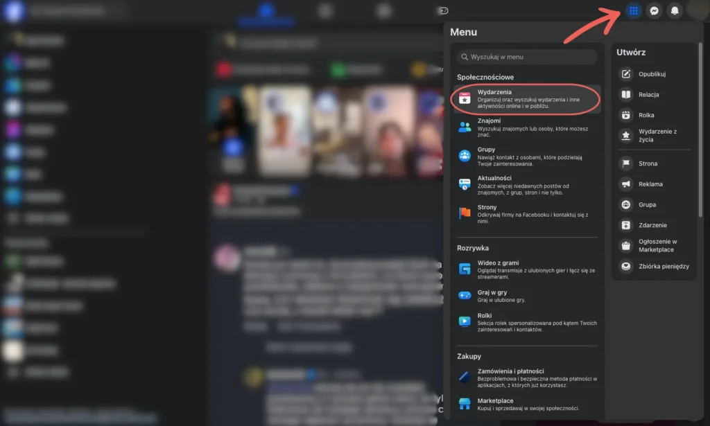 wejście do sekcji wydarzenie na facebooku na desktopie