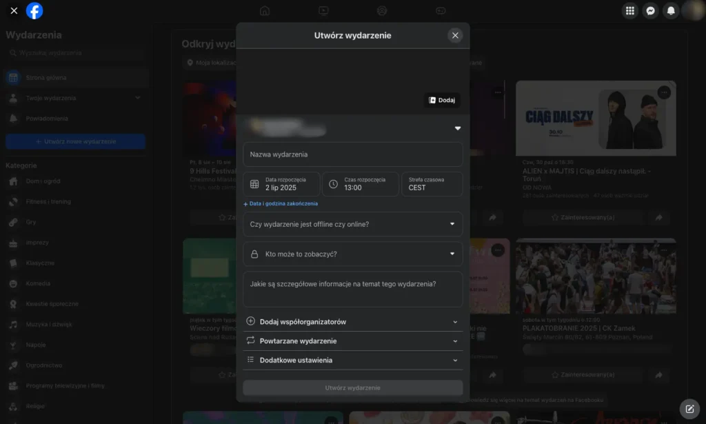 dodawanie szczegółów wydarzenia na facebooku na desktopie