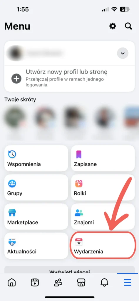 wejście do sekcji wydarzenie na facebooku na telefonie