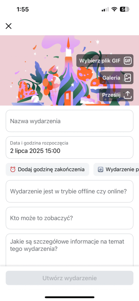 dodawanie szczegółów wydarzenia na facebooku na mobile