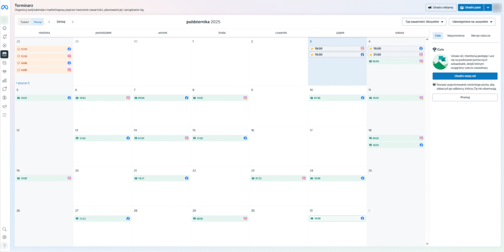 ekran publikacji treści i planowania postów w meta business site