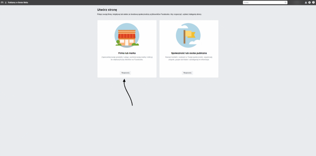 widok tworzenia strony firmowej w meta business site