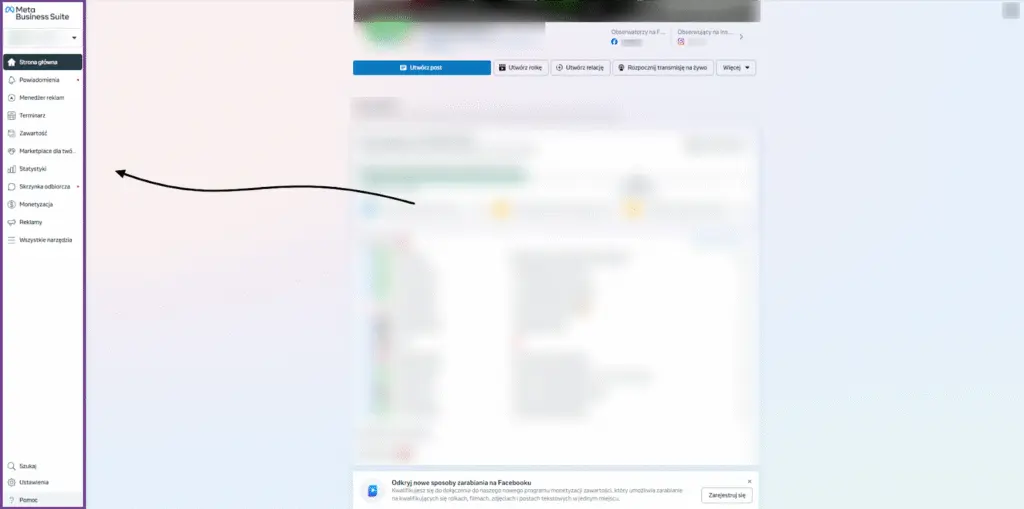 strona główna meta business site wraz z panelem bocznym