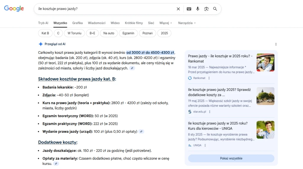 odpowiedź AI Overwievs na zapytanie o koszt prawa jazdy