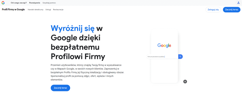 ekran startowy zakładania profilu firmy w google