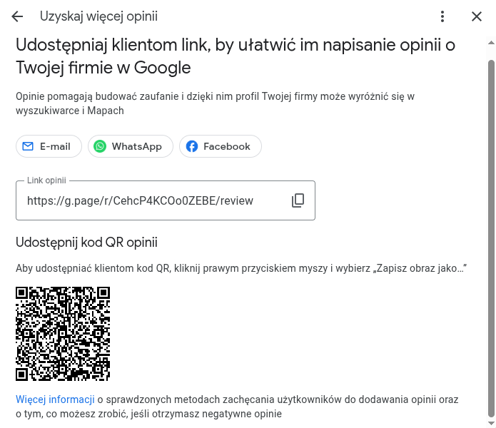 link i kod qr do dodawania opinii na profilu firmy google