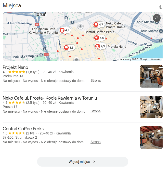 local pack google z widocznymi kawiarniami w toruniu
