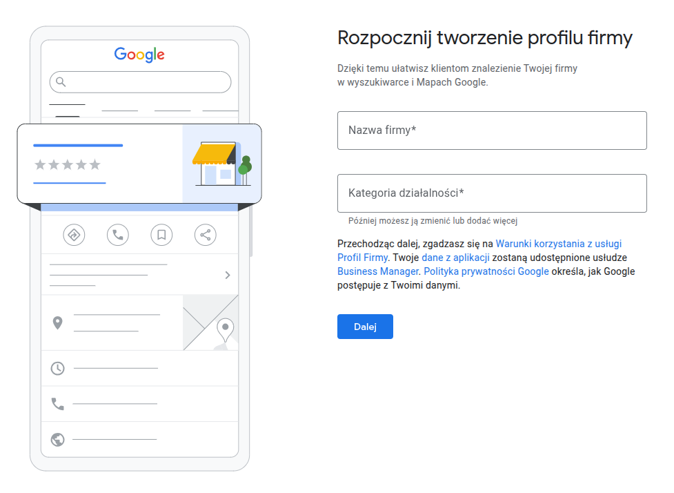 dodawanie nazwy firmy i kategorii działalności przy tworzeniu profilu firmy w google