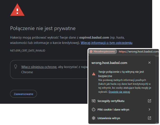 Komunikat niebezpiecznego połączenia widoczny w przeglądarce Google Chrome
