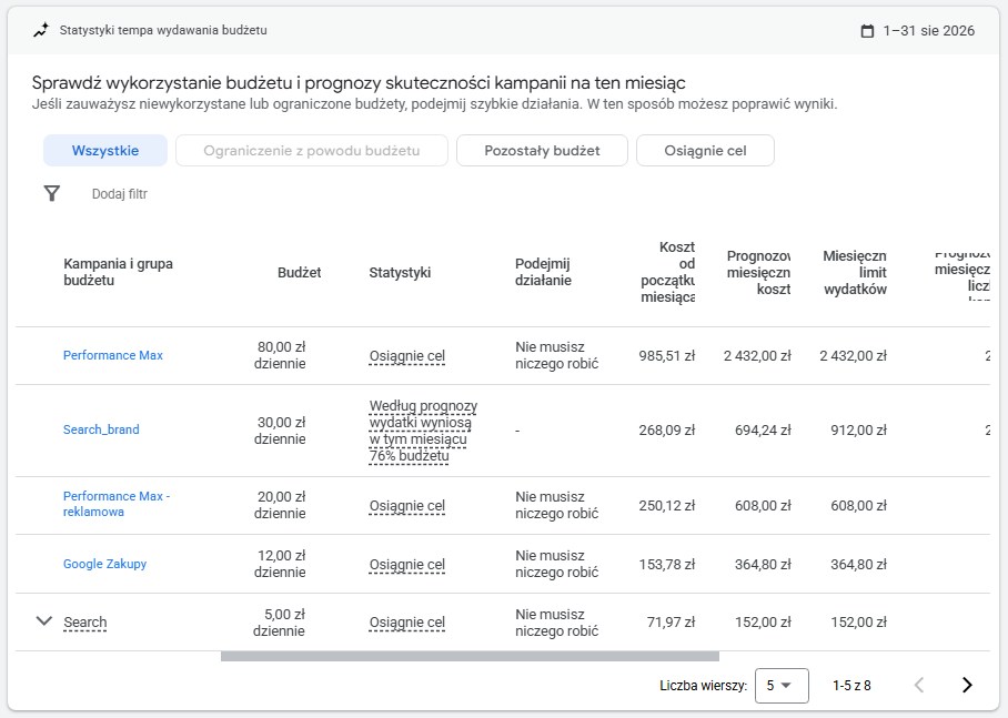 statystyki tempa wydawania budżetu w Google Ads